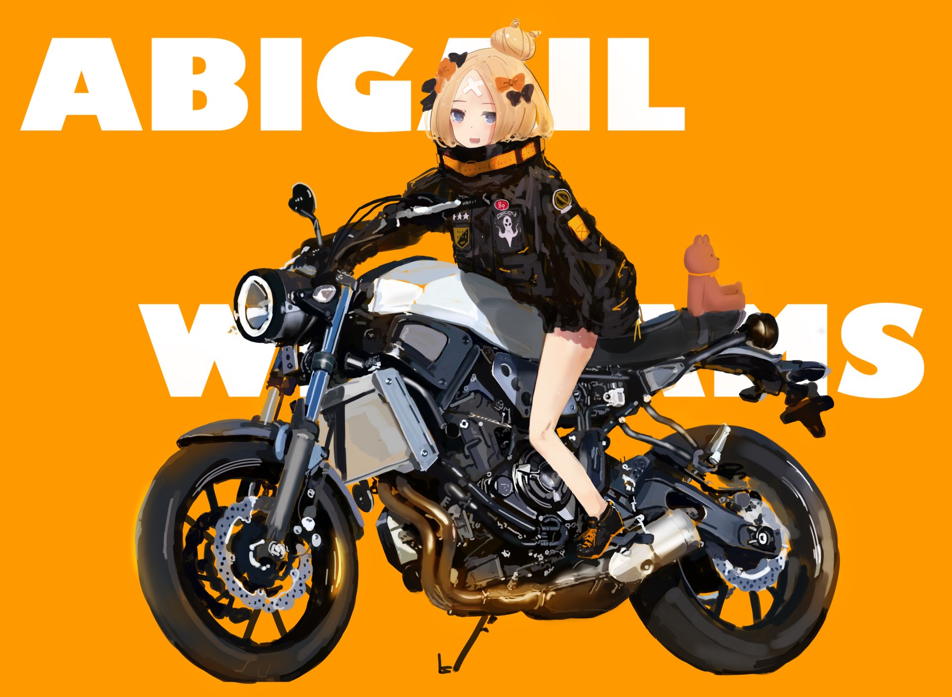 Anime Abigail Williams (Fate/Grand Order) sitting on a black motorcycle against a bright orange backdrop with bold white text — 5K Ultra HD PC desktop wallpaper.