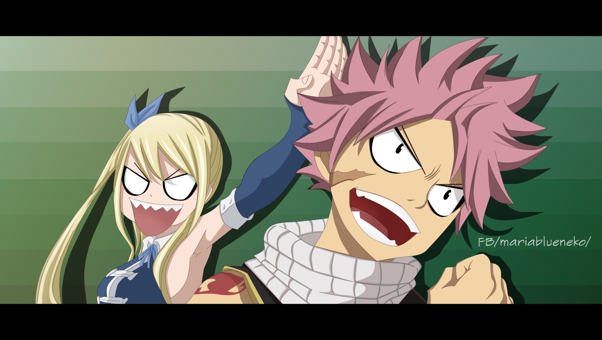 4K Ultra HD anime wallpaper featuring Lucy Heartfilia and Natsu Dragneel from Fairy Tail with dynamic expressions against a gradient green background.
