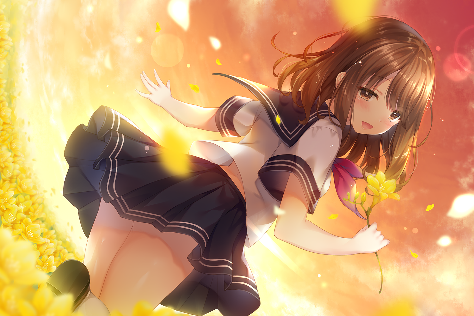 HD anime-style original artwork of a girl in a school uniform holding yellow flowers, glowing with warm light, designed as a vibrant PC desktop wallpaper.