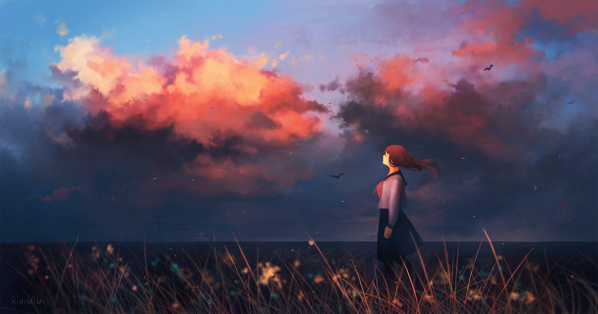 Anime original HD desktop wallpaper: long brown-haired girl stands in a windswept field at sunset, birds soaring beneath dramatic pink-and-blue clouds.