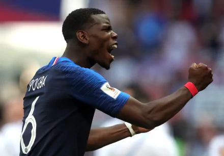 HD wallpaper of a passionate moment with a soccer player, wearing a blue jersey with the name Pogba, celebrating on the field.
