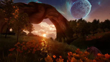 HD desktop wallpaper featuring a surreal landscape with a natural arch, vibrant flora, and an oversized moon in the dusk sky, tagged with Rend.