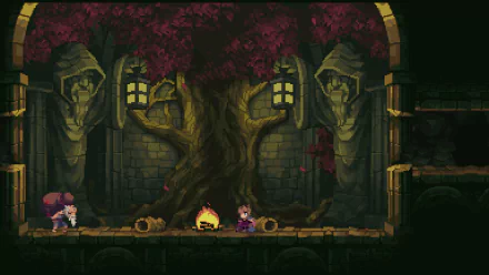HD wallpaper of a pixel-art scene from the game Chasm, featuring characters beside a campfire under a large tree and stone statues.