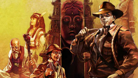 HD desktop wallpaper and background featuring characters from La-Mulana 2, including an adventurer, ancient ruins, and supporting cast.