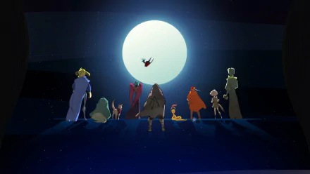HD wallpaper featuring Jodariel, Hedwyn, Rukey Greentail, and others from Pyre, silhouetted against a large moon.