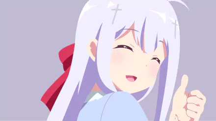 Raphiel Shiraha Ainsworth from Gabriel DropOut, smiling with a thumbs-up, pale lavender hair and red ribbon, anime HD PC desktop wallpaper and background.