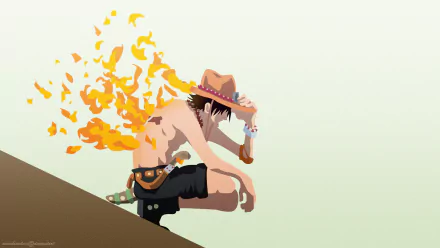HD PC desktop wallpaper featuring Portgas D. Ace from the anime One Piece, depicted crouching with flames emerging from his back against a light background.