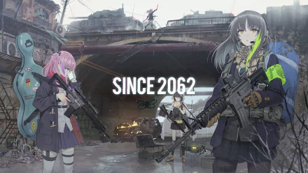 HD desktop wallpaper featuring characters from Girls' Frontline: ST AR-15, M4 Sopmod II, M16a1, and M4A1, all equipped with rifles, set in a post-apocalyptic scene, text Since 2062 in foreground.