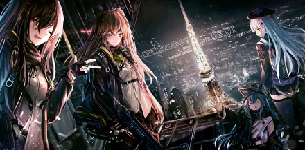 HD PC desktop wallpaper featuring G11, HK416, UMP9, and UMP45 from the video game Girls Frontline against a night cityscape with a glowing tower.
