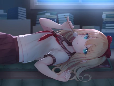 Anime original HD PC desktop wallpaper and background: blonde schoolgirl in sailor uniform with red ribbon and headphones, blue eyes, lying on a desk among books in soft evening light.