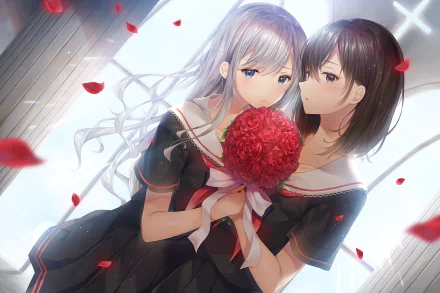 HD anime-style original artwork of two girls in black school uniforms holding a bouquet of red roses, surrounded by falling petals, designed as a PC desktop wallpaper.