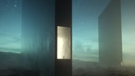 Sci-fi monolithic buildings rising from mist at dusk, a glowing window with a lone silhouette; HD PC desktop wallpaper and background.