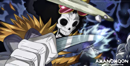 HD desktop wallpaper of Brook, a skeleton character from the anime One Piece, featuring a dynamic action scene.