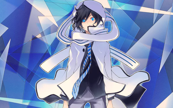 HD PC desktop wallpaper featuring Kuze Hibiki from the anime Devil Survivor 2 The Animation, set against a geometric blue background.