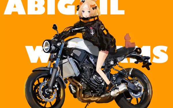 Anime Abigail Williams (Fate/Grand Order) sitting on a black motorcycle against a bright orange backdrop with bold white text — 5K Ultra HD PC desktop wallpaper.