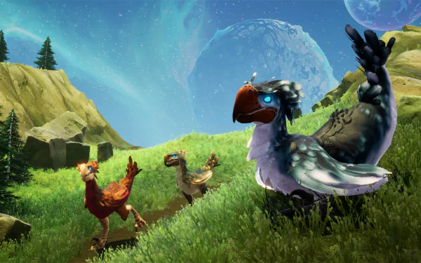 HD wallpaper of a whimsical landscape with chickens and a fantastical creature under a large moon for Rend-themed desktop background.