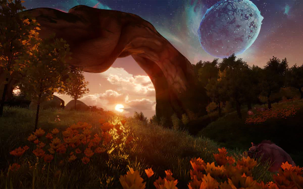 HD desktop wallpaper featuring a surreal landscape with a natural arch, vibrant flora, and an oversized moon in the dusk sky, tagged with Rend.