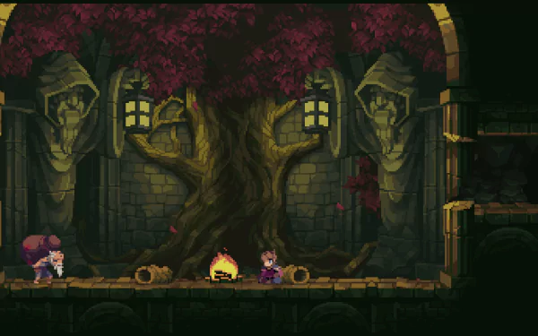 HD wallpaper of a pixel-art scene from the game Chasm, featuring characters beside a campfire under a large tree and stone statues.