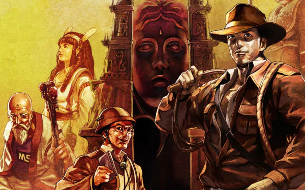HD desktop wallpaper and background featuring characters from La-Mulana 2, including an adventurer, ancient ruins, and supporting cast.