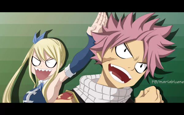 4K Ultra HD anime wallpaper featuring Lucy Heartfilia and Natsu Dragneel from Fairy Tail with dynamic expressions against a gradient green background.