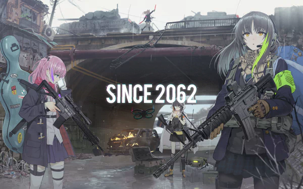 HD desktop wallpaper featuring characters from Girls' Frontline: ST AR-15, M4 Sopmod II, M16a1, and M4A1, all equipped with rifles, set in a post-apocalyptic scene, text Since 2062 in foreground.