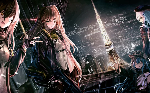 HD PC desktop wallpaper featuring G11, HK416, UMP9, and UMP45 from the video game Girls Frontline against a night cityscape with a glowing tower.