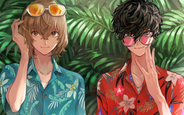 HD PC desktop wallpaper featuring Joker and Goro Akechi from the video game Persona 5, both wearing colorful floral shirts and sunglasses against a leafy background.