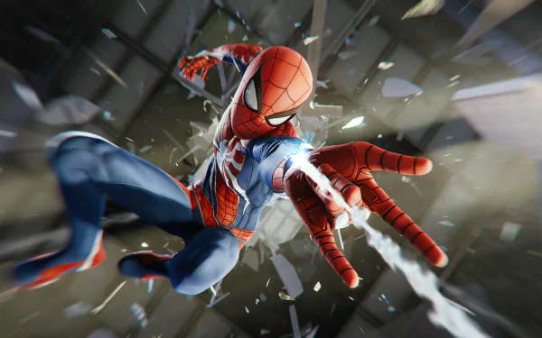 HD desktop wallpaper featuring Spider-Man in action from the Spider-Man (PS4) video game, showcasing Peter Parker in his iconic superhero suit, shooting webs in a dynamic pose.
