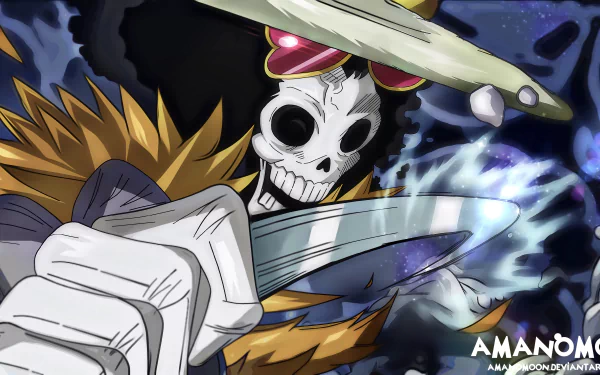HD desktop wallpaper of Brook, a skeleton character from the anime One Piece, featuring a dynamic action scene.