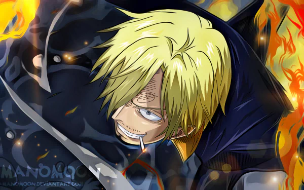 HD desktop wallpaper featuring Sanji from One Piece, a blonde character with a cigarette, surrounded by flames.