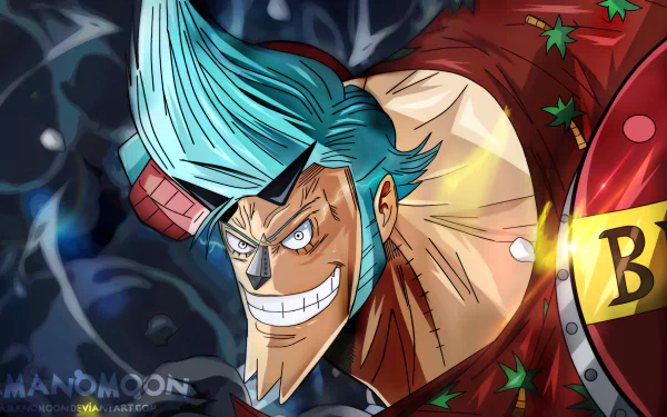 HD wallpaper featuring Franky from the anime One Piece, showcasing his distinctive blue hair and confident expression. The vibrant background complements Franky's dynamic character design.