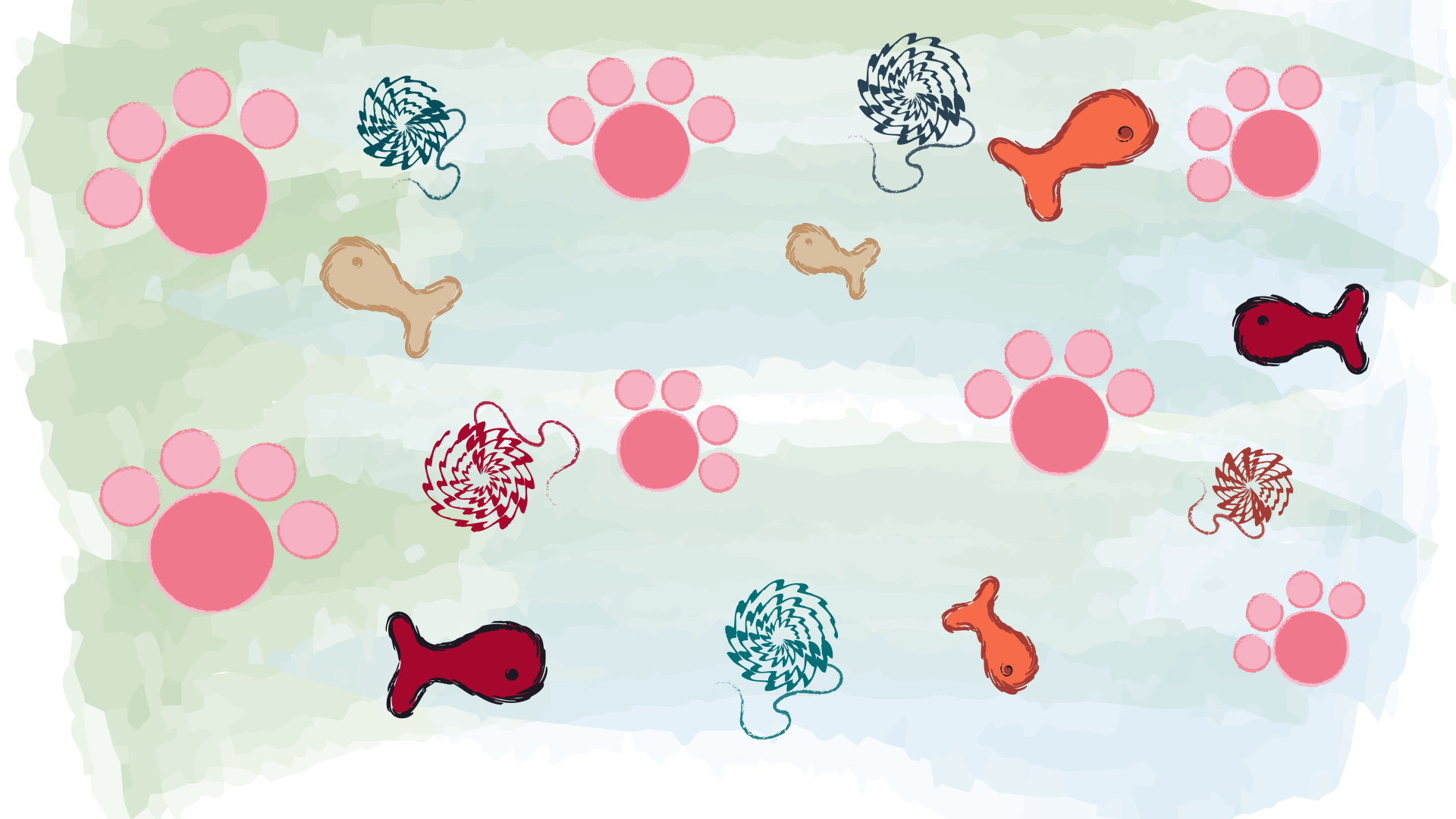 Playful animal-themed 8K Ultra HD PC desktop wallpaper featuring colorful fish, pink paw prints and yarn balls on a soft watercolor background.