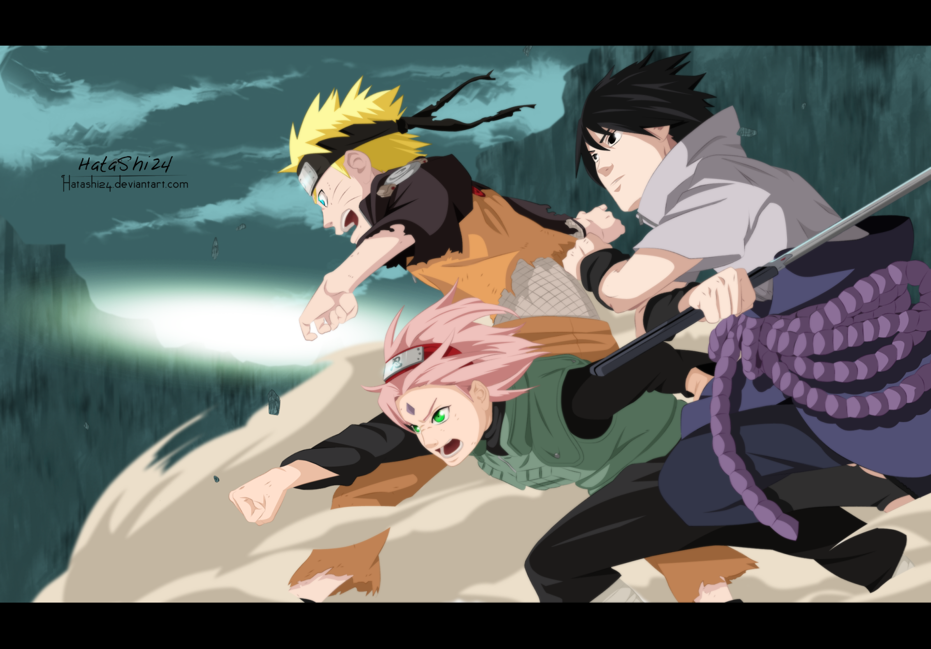 HD PC desktop wallpaper of Naruto Uzumaki, Sasuke Uchiha and Sakura Haruno charging forward in a dynamic anime battle scene — Naruto & Sasuke leading the assault.
