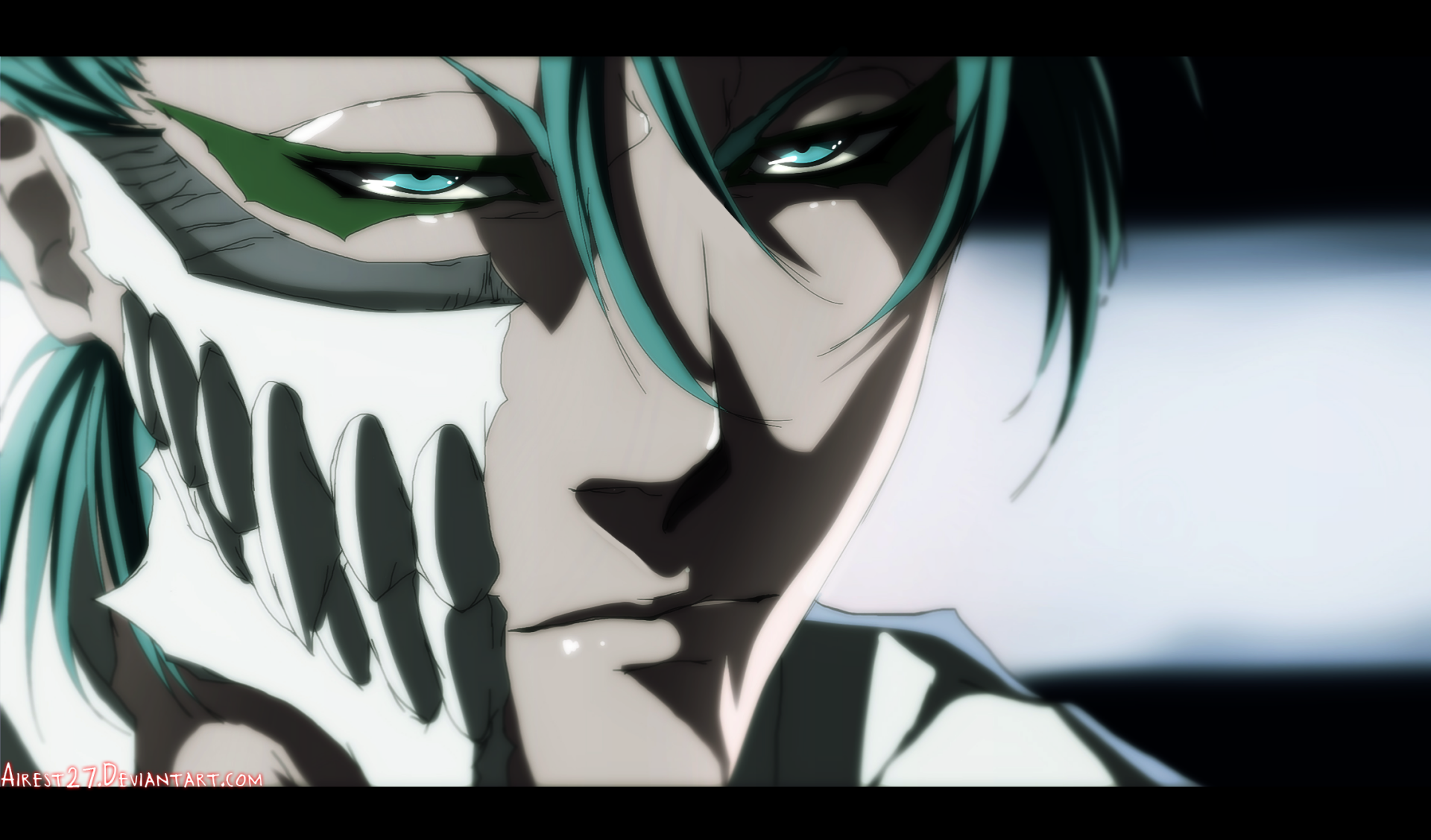 Close-up of Grimmjow Jaegerjaquez from Bleach — intense teal-eyed anime portrait with exposed jawbone mask, high-contrast HD PC desktop wallpaper background.