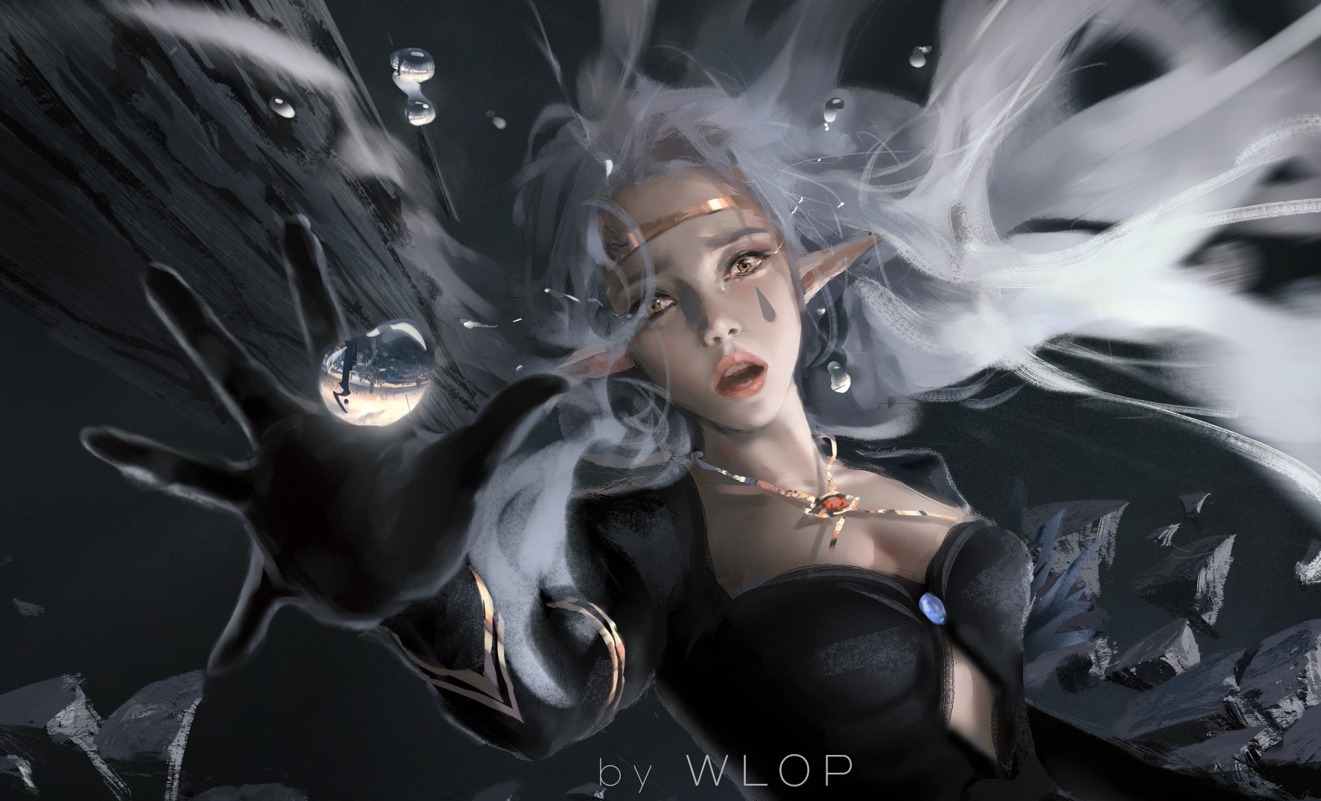HD wallpaper of a fantasy video game character from Dungeon &amp; Fighter, depicting a beautiful elf with flowing white hair, reaching out dramatically. Artwork by WLOP.