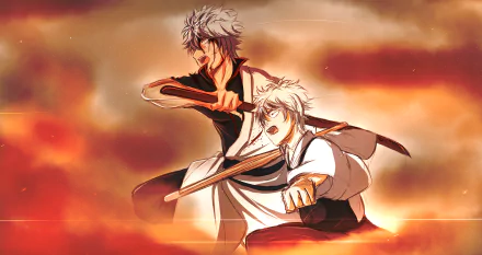 HD PC desktop wallpaper featuring Gintoki Sakata from the anime Gintama, depicted in dynamic poses against a vibrant, fiery background.