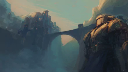 A fantasy warrior knight stands on a rocky outcrop overlooking a misty city and arched bridge, rendered in detailed HD for a dramatic PC desktop wallpaper.
