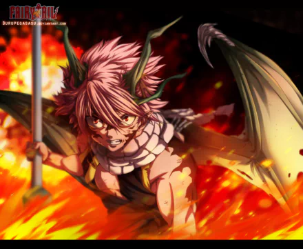 HD anime desktop wallpaper featuring Natsu Dragneel from Fairy Tail, depicted with dragon wings and horns amidst fiery flames.