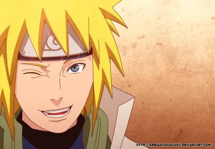 Minato Namikaze from Naruto winks with a confident smile, featuring his iconic blonde hair and headband, captured in a 4K Ultra HD anime wallpaper.
