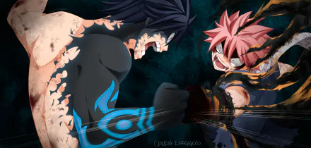 HD PC desktop wallpaper featuring intense battle scene between Gray Fullbuster and Natsu Dragneel from the anime Fairy Tail, capturing dynamic energy and vivid details.