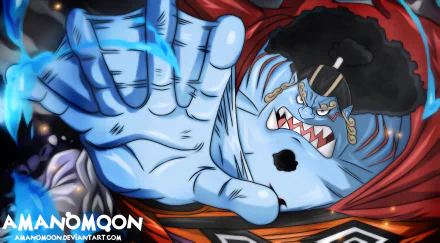 Dynamic 2K Quad HD PC desktop wallpaper of Jinbe (One Piece) — anime One Piece image of the blue fish-man lunging with outstretched hand, red cape and fierce expression.