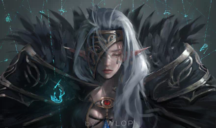 HD desktop wallpaper featuring a fantasy elf with tears, adorned in elaborate armor, set against a mystical, dark background with glowing blue elements.