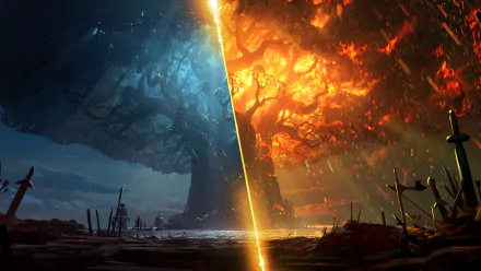 HD desktop wallpaper from World of Warcraft: Battle for Azeroth, featuring a dramatic scene divided between icy blue and fiery orange, depicting two contrasting landscapes with a tree and reflective atmosphere.