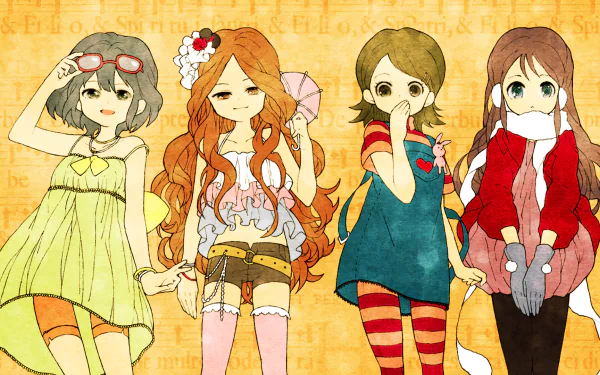 HD PC desktop wallpaper: anime-style illustration of four girls from Inazuma Eleven GO (Inazuma Eleven) against a warm orange patterned background.