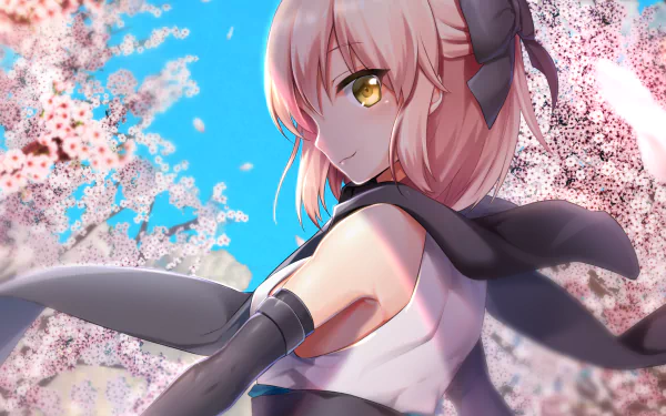 HD PC desktop wallpaper featuring Sakura Saber from Fate/Grand Order amidst blooming cherry blossoms under a bright blue sky.