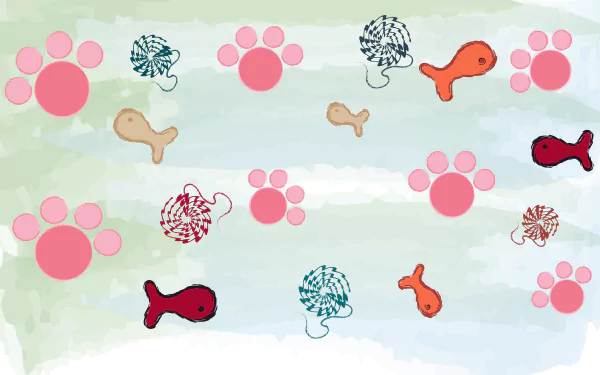 Playful animal-themed 8K Ultra HD PC desktop wallpaper featuring colorful fish, pink paw prints and yarn balls on a soft watercolor background.