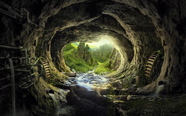 4K Ultra HD fantasy PC wallpaper showing a glowing cave opening to a lush, green Earth landscape with flowing water and ancient structures in the distance.