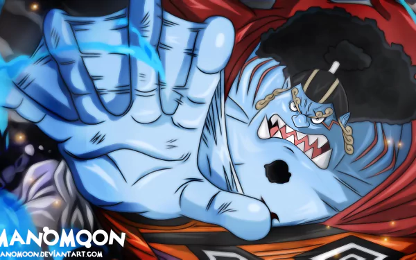 Dynamic 2K Quad HD PC desktop wallpaper of Jinbe (One Piece) — anime One Piece image of the blue fish-man lunging with outstretched hand, red cape and fierce expression.