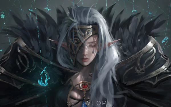 HD desktop wallpaper featuring a fantasy elf with tears, adorned in elaborate armor, set against a mystical, dark background with glowing blue elements.