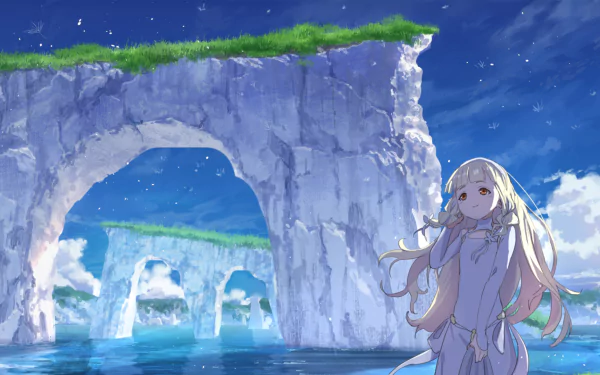 HD anime desktop wallpaper from Maquia: When the Promised Flower Blooms, featuring a serene sea scene with rock arches and a flowing-haired girl under a bright blue sky.